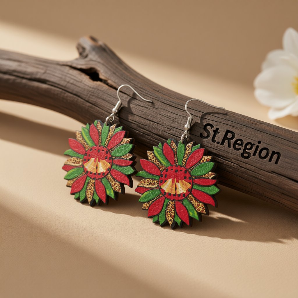 Green and Red Wood Silver-Plated Bell Flower Drop Earrings, silver drop earrings for women, everyday style, front view