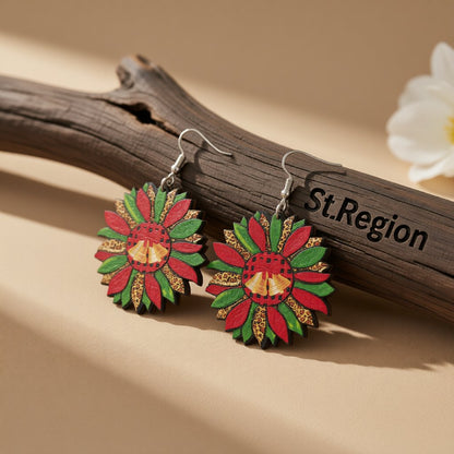 Green and Red Wood Silver-Plated Bell Flower Drop Earrings, silver drop earrings for women, everyday style, front view