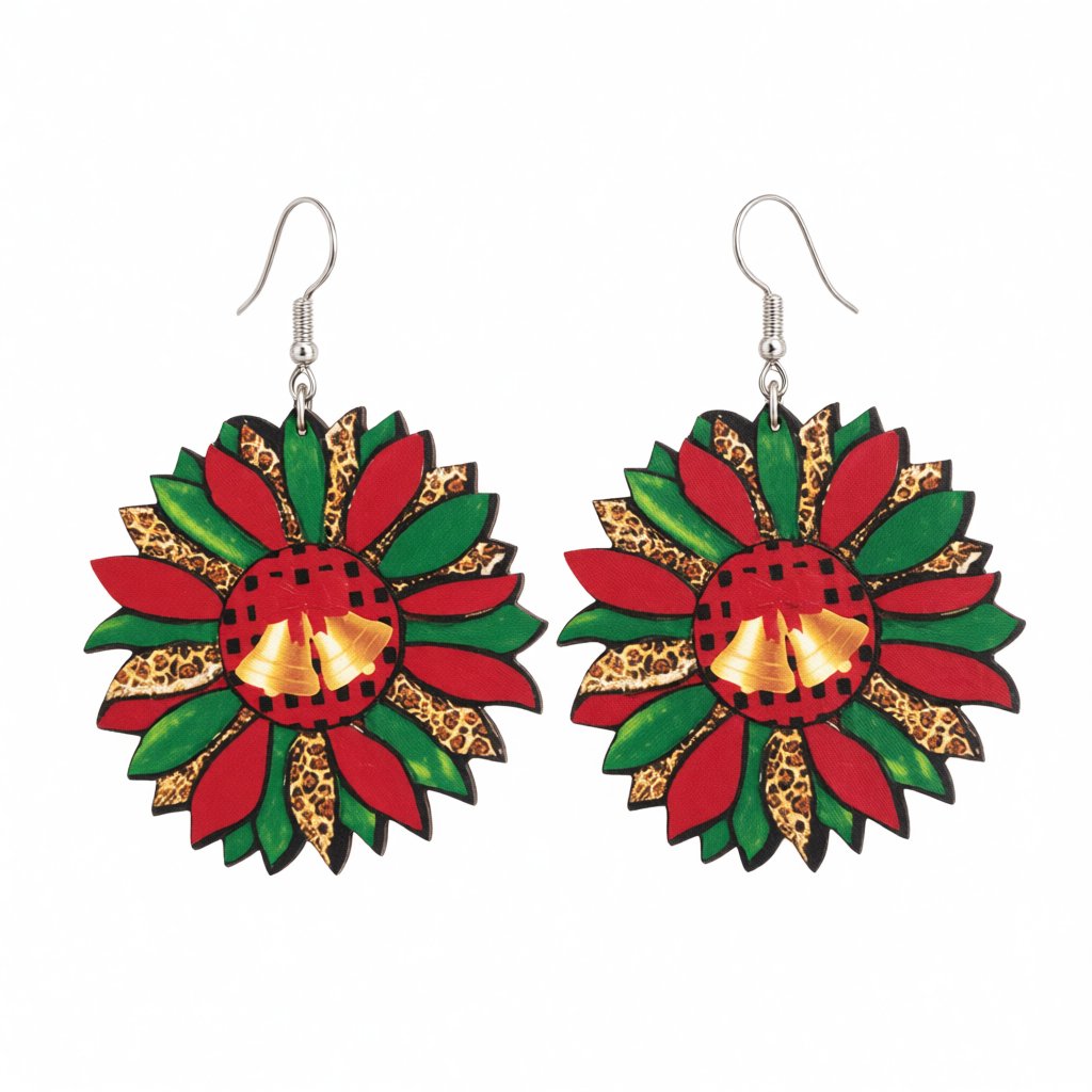 Green and Red Wood Silver-Plated Bell Flower Drop Earrings, silver drop earrings for women, everyday style, side view