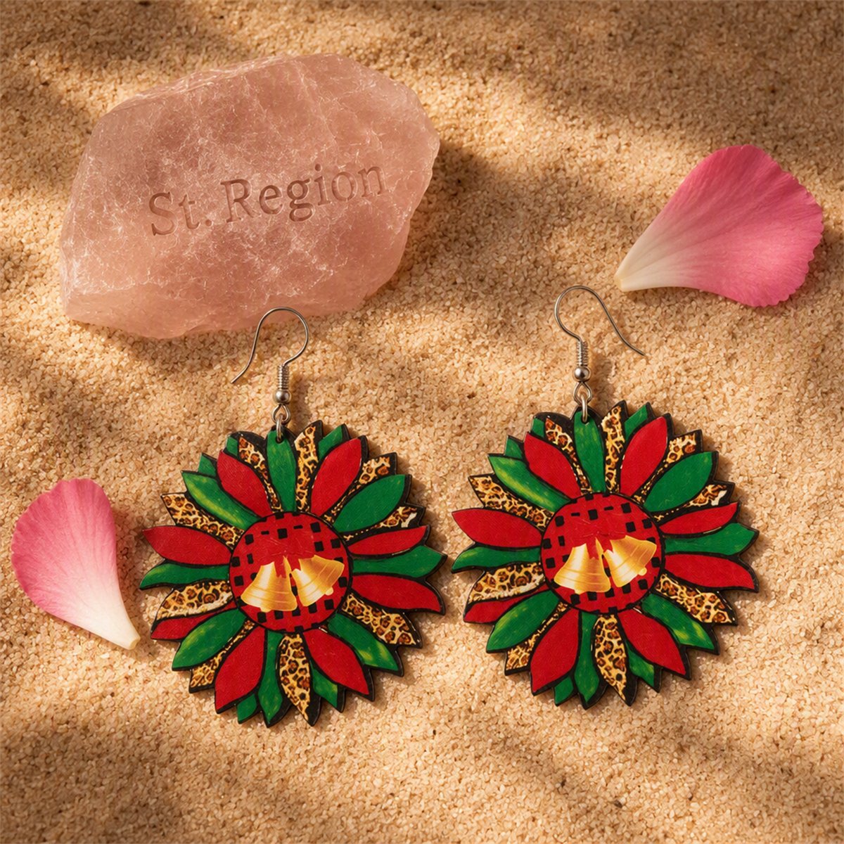 Green and Red Wood Silver-Plated Bell Flower Drop Earrings, silver drop earrings for women, everyday style, detail close-up