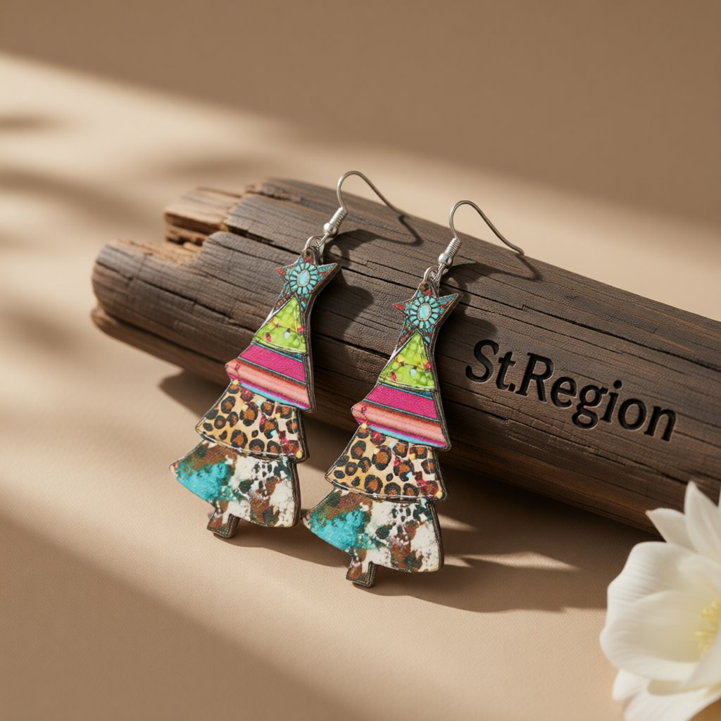 Blue and Green Leopard Christmas Tree Drop Earrings, drop earrings for women, dainty minimalist design, front view