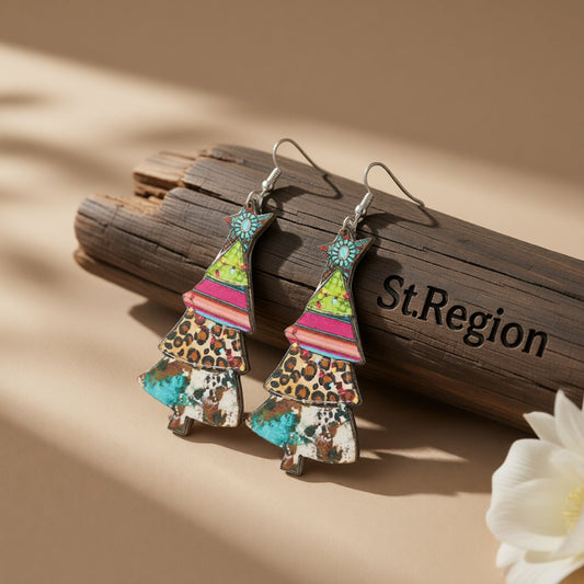 Blue and Green Leopard Christmas Tree Drop Earrings, drop earrings for women, dainty minimalist design, front view