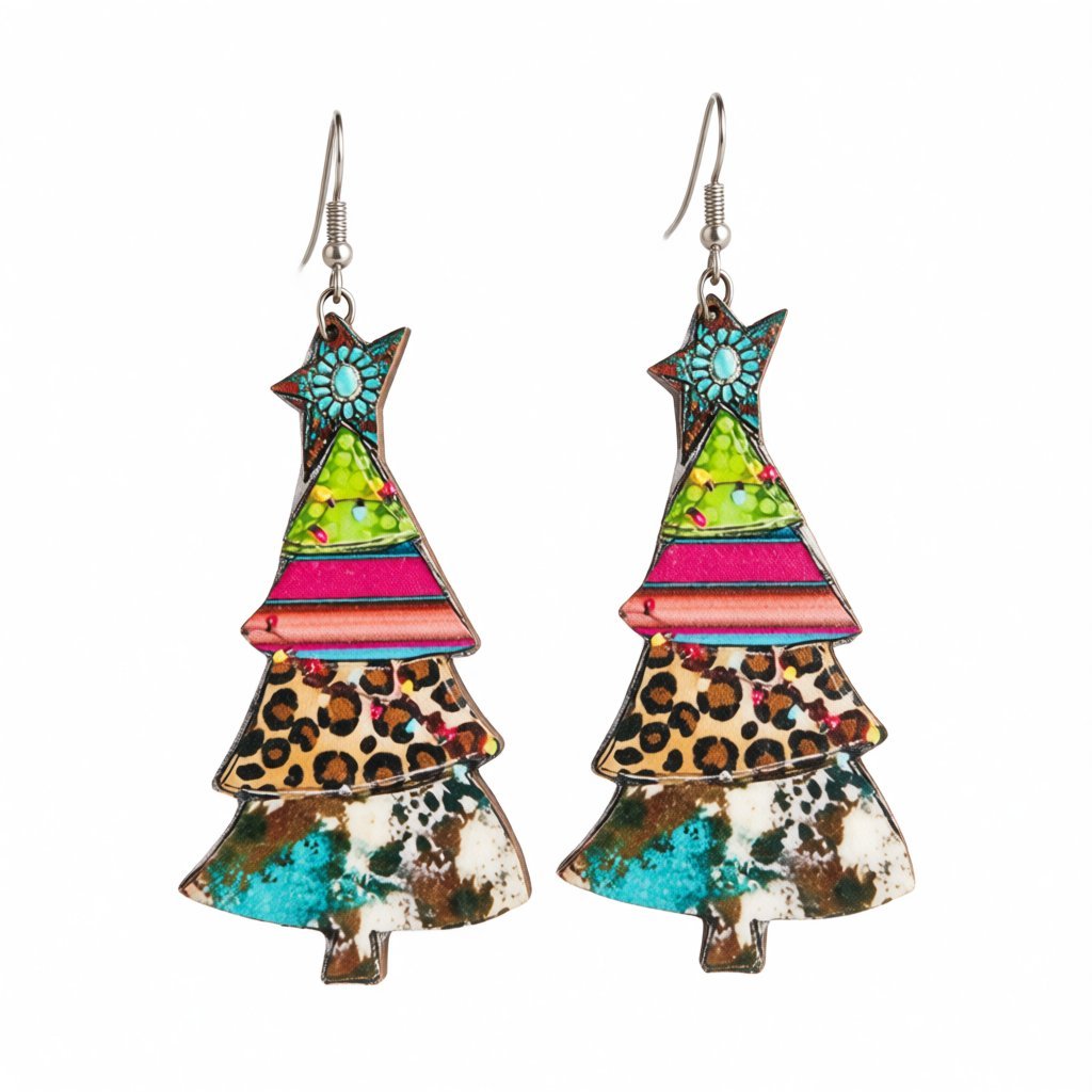 Blue and Green Leopard Christmas Tree Drop Earrings, drop earrings for women, dainty minimalist design, side view