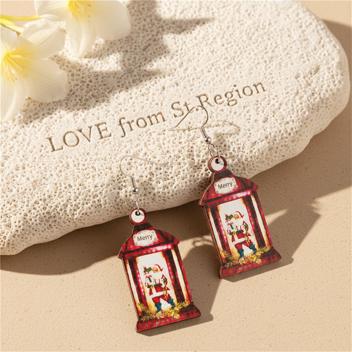White and Red Wood Santa Call Box Drop Earrings, drop earrings for women, elegant gift for her, lifestyle look