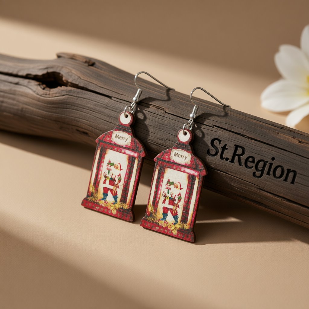 White and Red Wood Santa Call Box Drop Earrings, drop earrings for women, elegant gift for her, front view