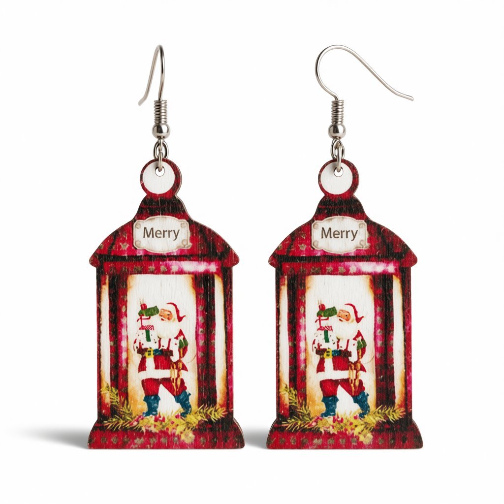 White and Red Wood Santa Call Box Drop Earrings, drop earrings for women, elegant gift for her, side view