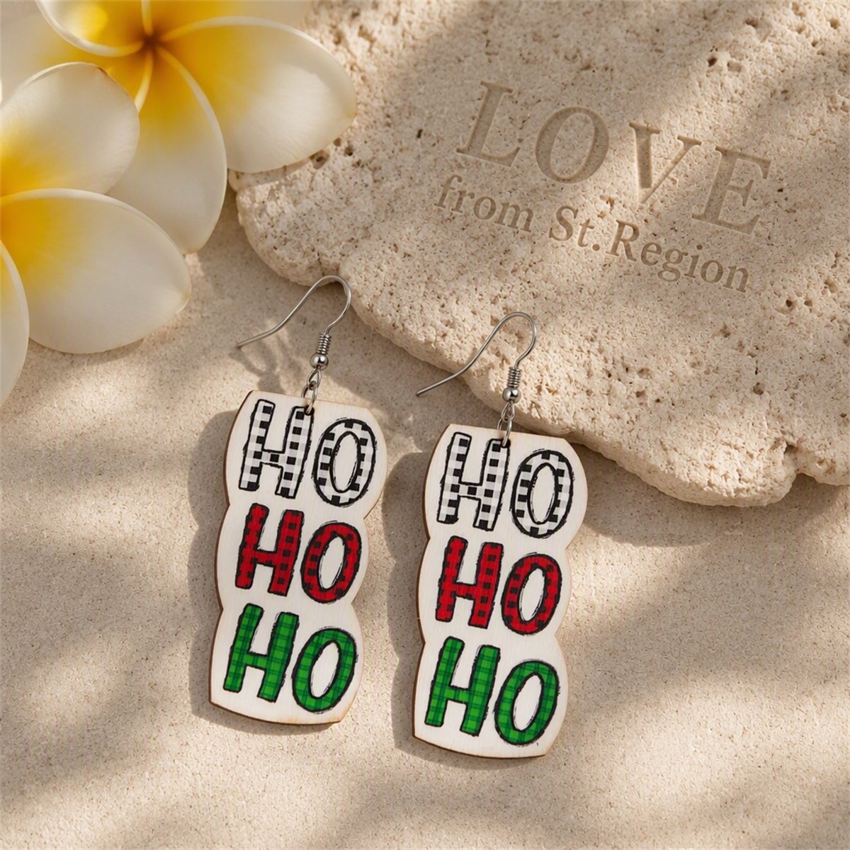 White and Red Wood 'HO HO HO' Drop Earrings, drop earrings for women, dainty minimalist design, lifestyle look