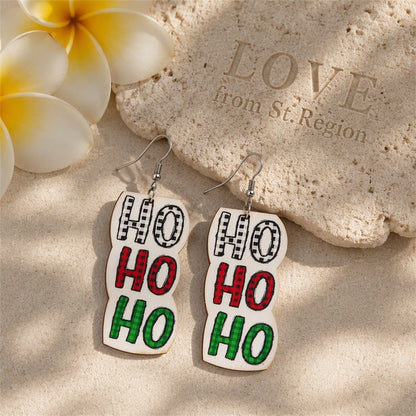 White and Red Wood 'HO HO HO' Drop Earrings, drop earrings for women, dainty minimalist design, lifestyle look