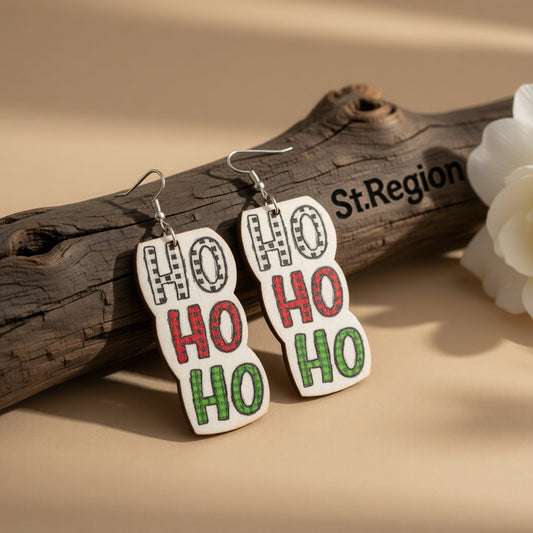 White and Red Wood 'HO HO HO' Drop Earrings, drop earrings for women, dainty minimalist design, front view