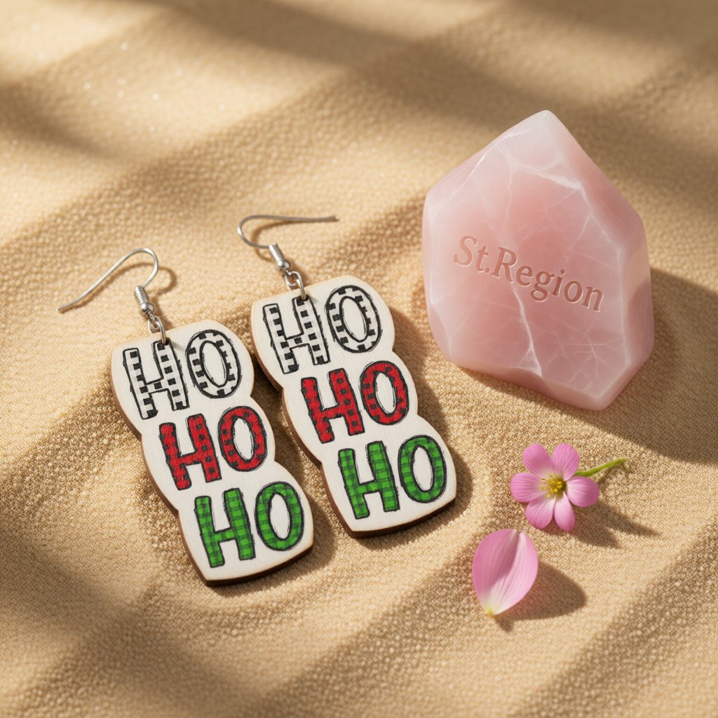 White and Red Wood 'HO HO HO' Drop Earrings, drop earrings for women, dainty minimalist design, detail close-up