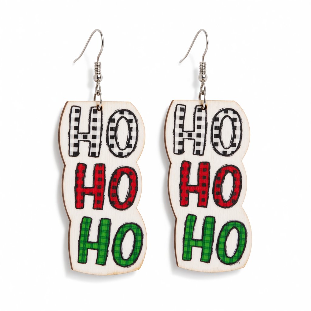 White and Red Wood 'HO HO HO' Drop Earrings, drop earrings for women, dainty minimalist design, side view