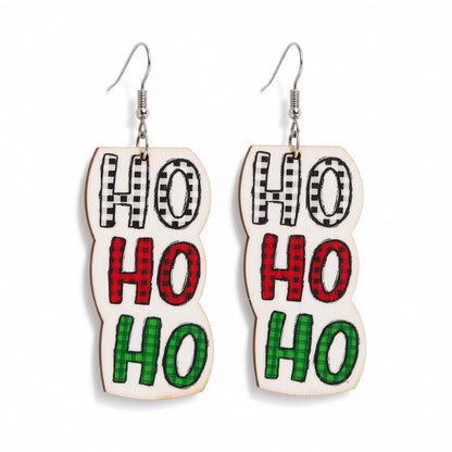 White and Red Wood 'HO HO HO' Drop Earrings, drop earrings for women, dainty minimalist design, side view