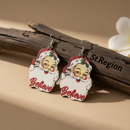 White and Red Wood 'Believe' Santa Drop Earrings, drop earrings for women, everyday style, front view