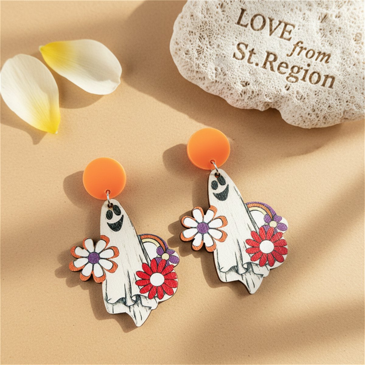 White and Orange Wood Cheerleader Ghost Drop Earrings, drop earrings for women, elegant gift for her, lifestyle look