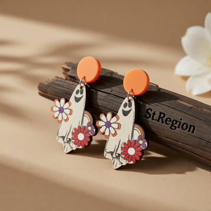 White and Orange Wood Cheerleader Ghost Drop Earrings, drop earrings for women, elegant gift for her, front view