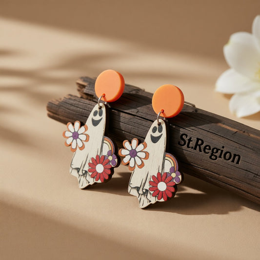 White and Orange Wood Cheerleader Ghost Drop Earrings, drop earrings for women, elegant gift for her, front view