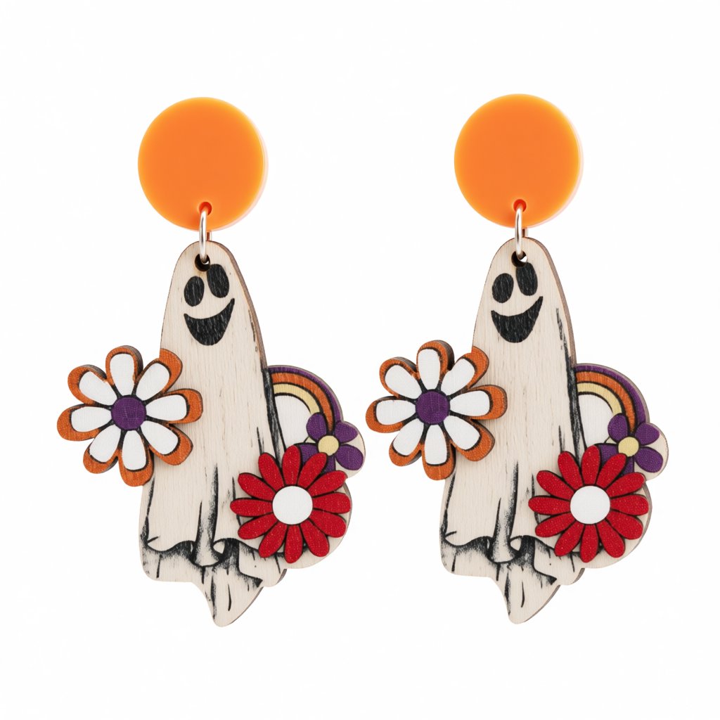 White and Orange Wood Cheerleader Ghost Drop Earrings, drop earrings for women, elegant gift for her, side view