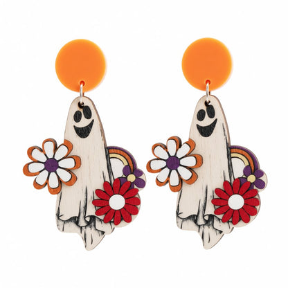 White and Orange Wood Cheerleader Ghost Drop Earrings, drop earrings for women, elegant gift for her, side view