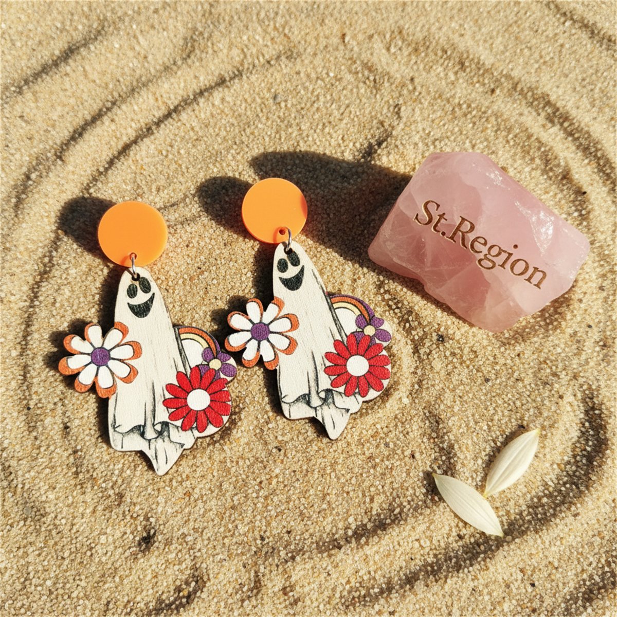 White and Orange Wood Cheerleader Ghost Drop Earrings, drop earrings for women, elegant gift for her, detail close-up