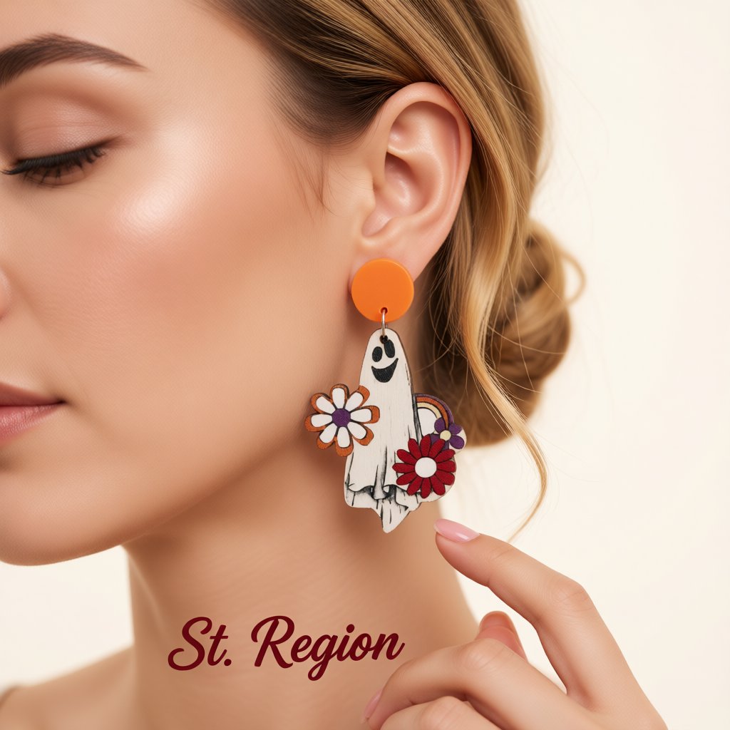 White and Orange Wood Cheerleader Ghost Drop Earrings, drop earrings for women, elegant gift for her, styled look