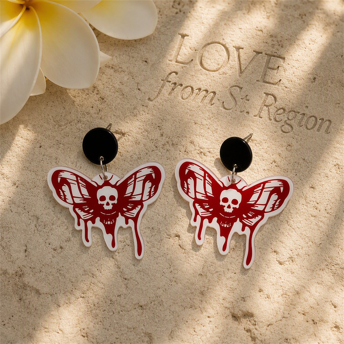 Red Acrylic and Silver-Plated Skull Bat Drop Earring, silver drop earrings for women, everyday style, lifestyle look