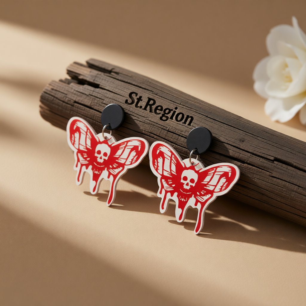 Red Acrylic and Silver-Plated Skull Bat Drop Earring, silver drop earrings for women, everyday style, front view