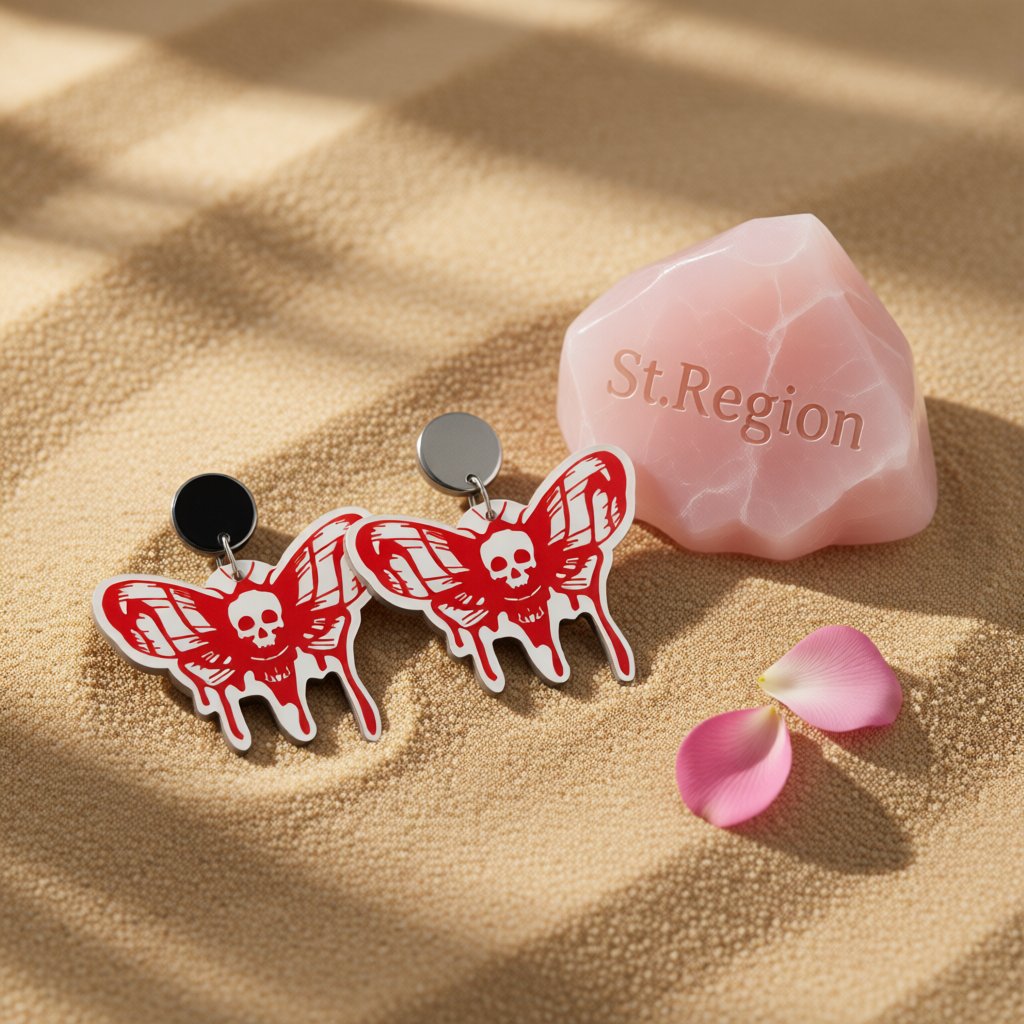 Red Acrylic and Silver-Plated Skull Bat Drop Earring, silver drop earrings for women, everyday style, detail close-up
