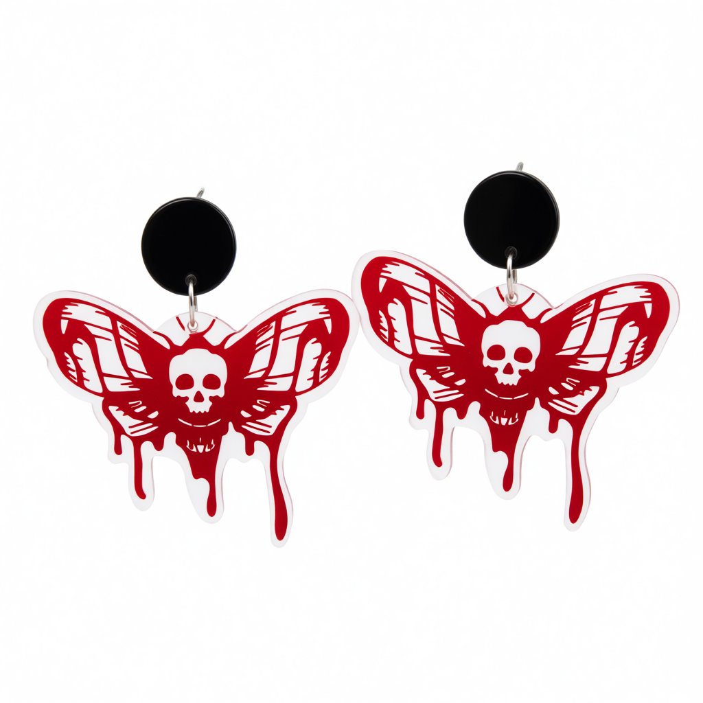 Red Acrylic and Silver-Plated Skull Bat Drop Earring, silver drop earrings for women, everyday style, side view
