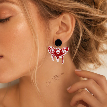 Red Acrylic and Silver-Plated Skull Bat Drop Earring, silver drop earrings for women, everyday style, styled look