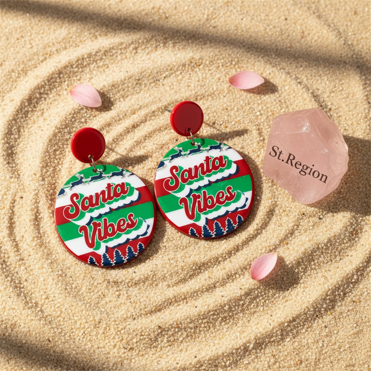 Green and Red 'Santa Vibes' Christmas Round Drop Earrings, drop earrings for women, detail close-up