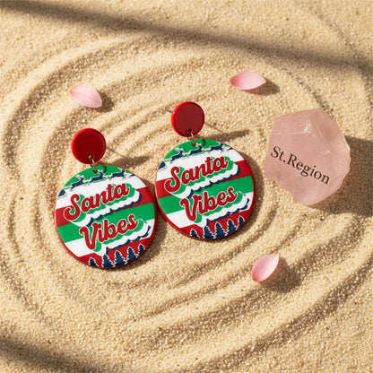Green and Red 'Santa Vibes' Christmas Round Drop Earrings, drop earrings for women, detail close-up