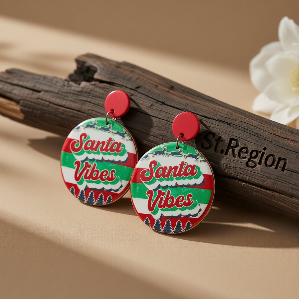 Green and Red 'Santa Vibes' Christmas Round Drop Earrings, drop earrings for women, vintage-inspired design, front view