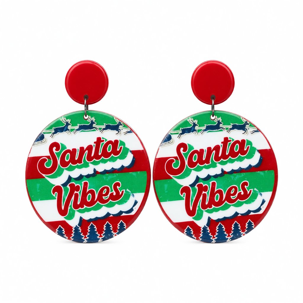 Green and Red 'Santa Vibes' Christmas Round Drop Earrings, drop earrings for women, vintage-inspired design, side view