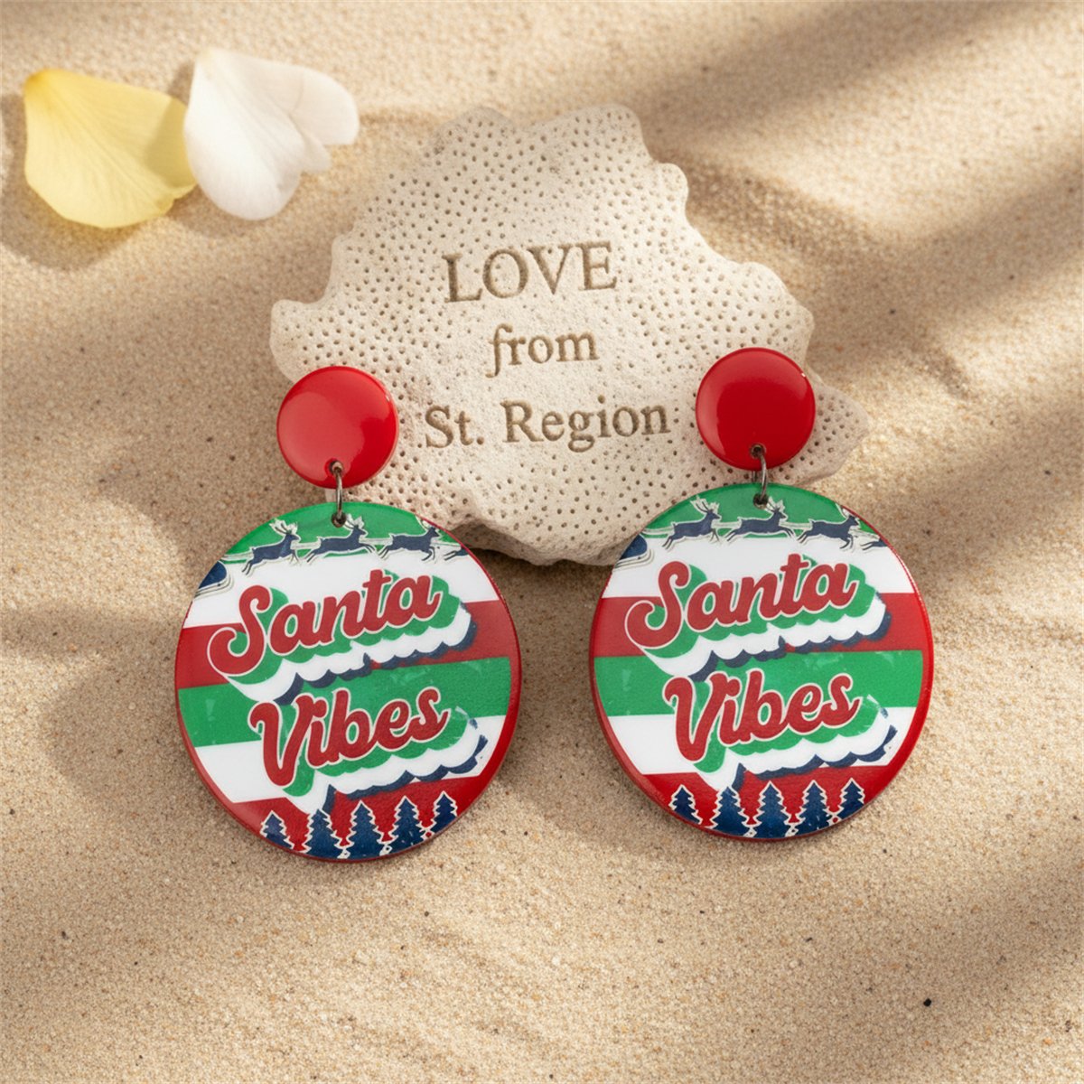 Green and Red 'Santa Vibes' Christmas Round Drop Earrings, drop earrings for women, lifestyle look