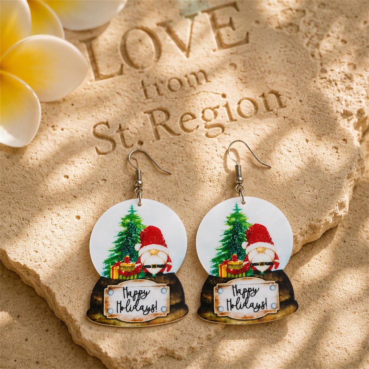 Green Acrylic and Silver-Plated Christmas 'Happy Holiday' Drop Earrings, silver drop earrings for women, lifestyle look