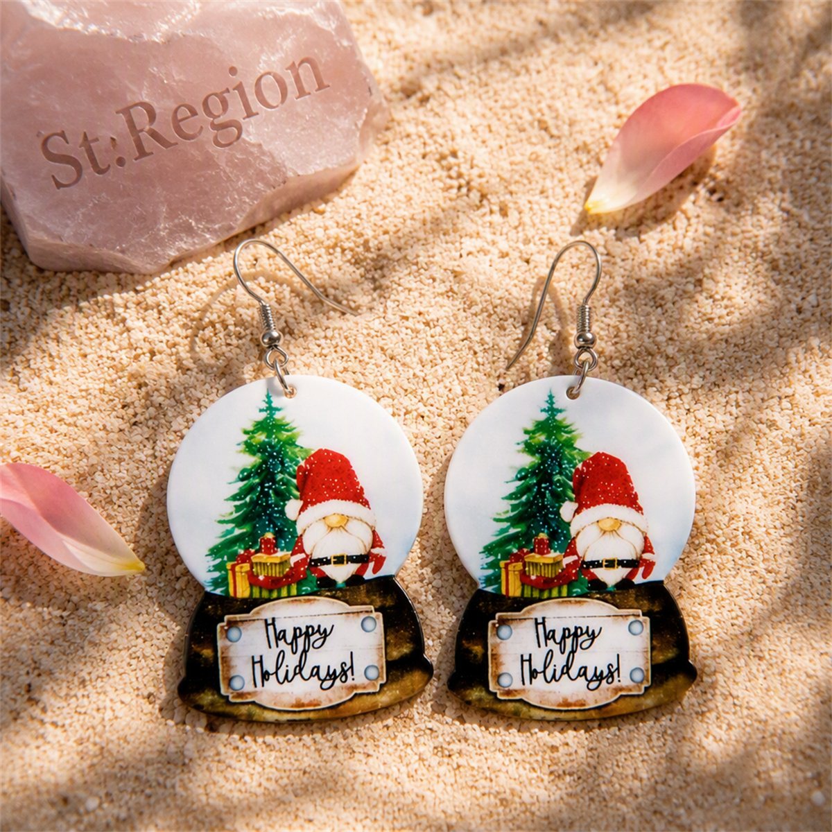 Green Acrylic and Silver-Plated Christmas 'Happy Holiday' Drop Earrings, silver drop earrings for women, detail close-up