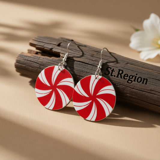 Red and White Round Candy Drop Earrings, drop earrings for women, everyday style, front view