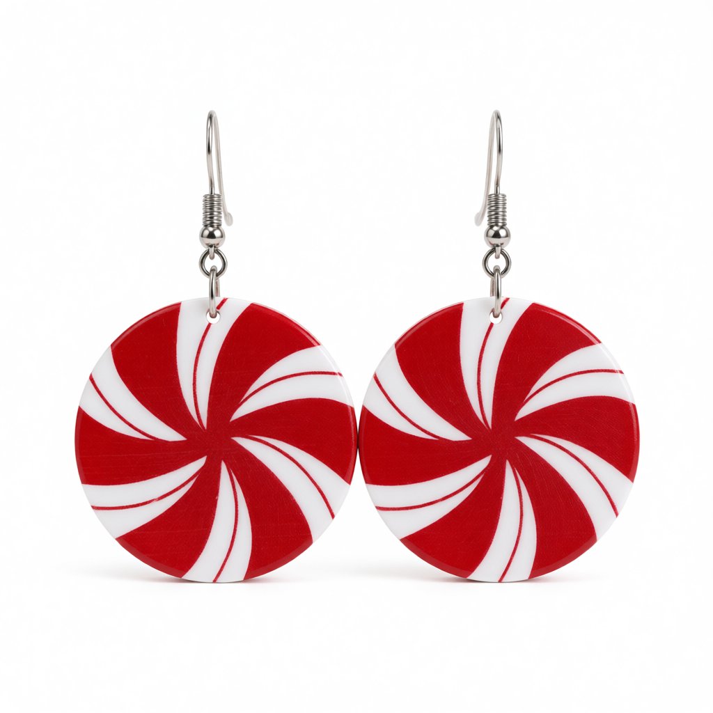 Red and White Round Candy Drop Earrings, drop earrings for women, everyday style, side view