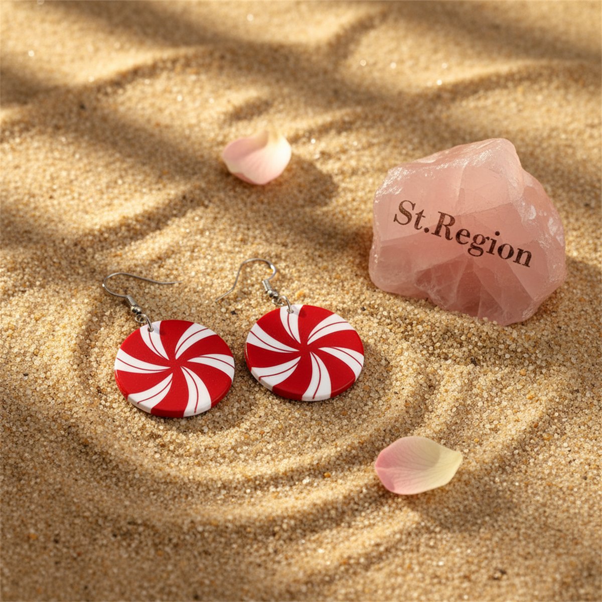 Red and White Round Candy Drop Earrings, drop earrings for women, everyday style, detail close-up
