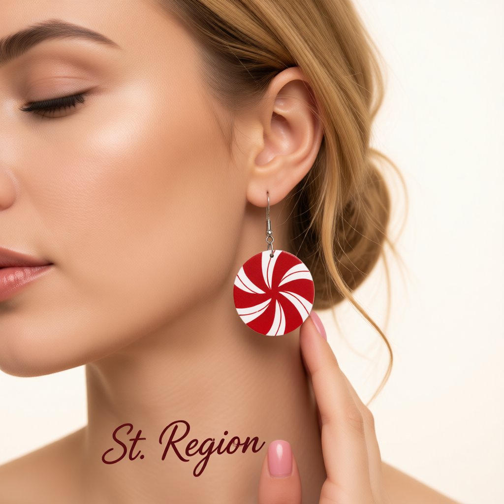 Red and White Round Candy Drop Earrings, drop earrings for women, everyday style, styled look
