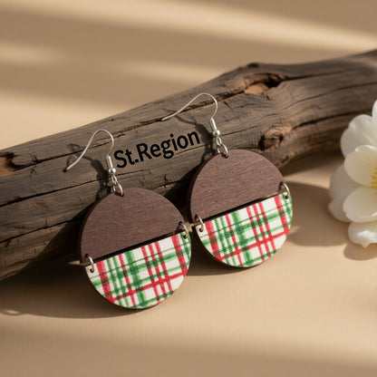 Red and Silver-Plated Plaid Patchwork Round Drop Earrings, silver drop earrings for women, front view