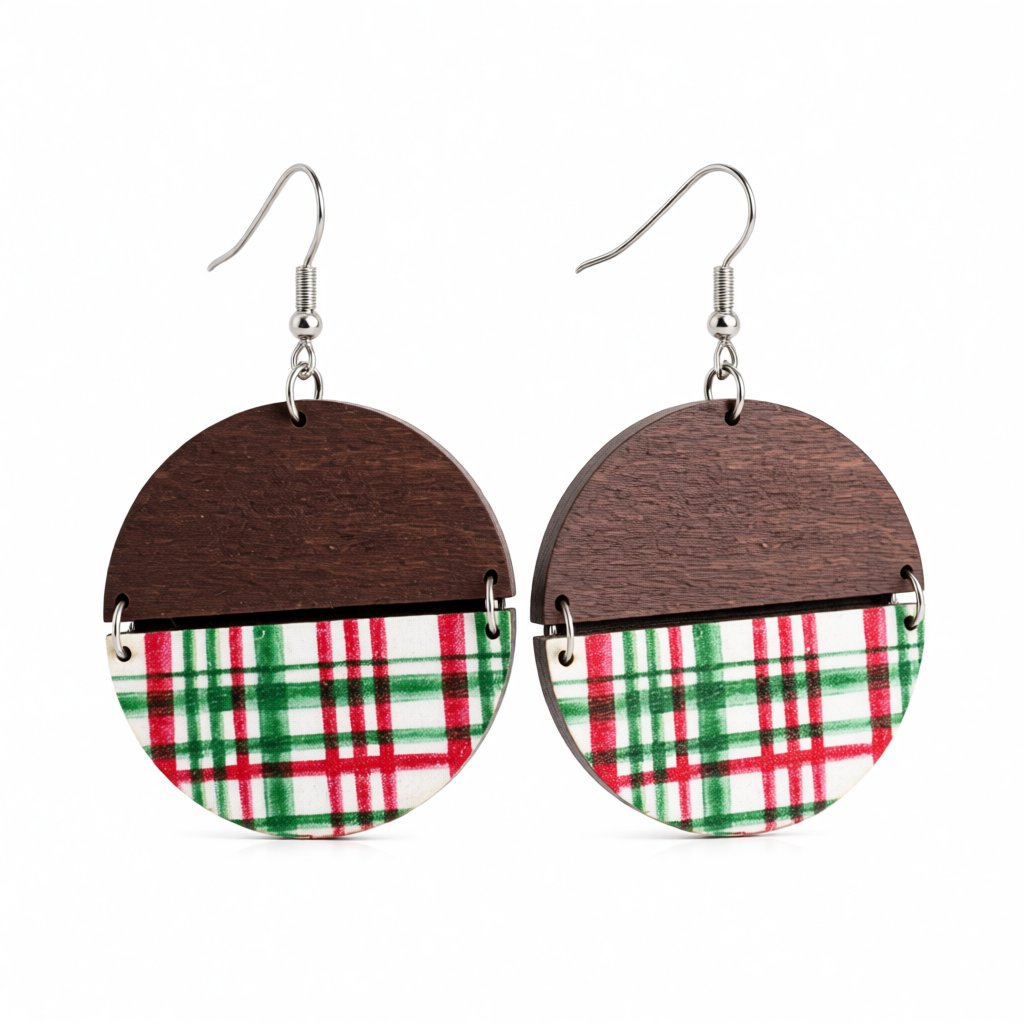 Red and Silver-Plated Plaid Patchwork Round Drop Earrings, silver drop earrings for women, vintage-inspired design, side view