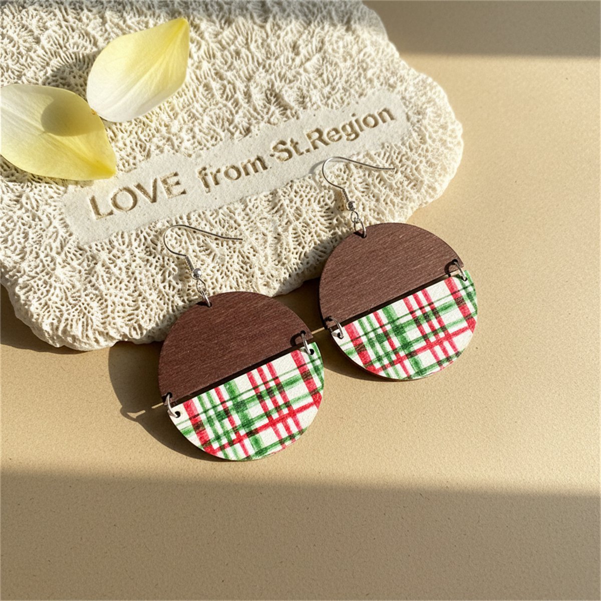 Red and Silver-Plated Plaid Patchwork Round Drop Earrings, silver drop earrings for women, lifestyle look