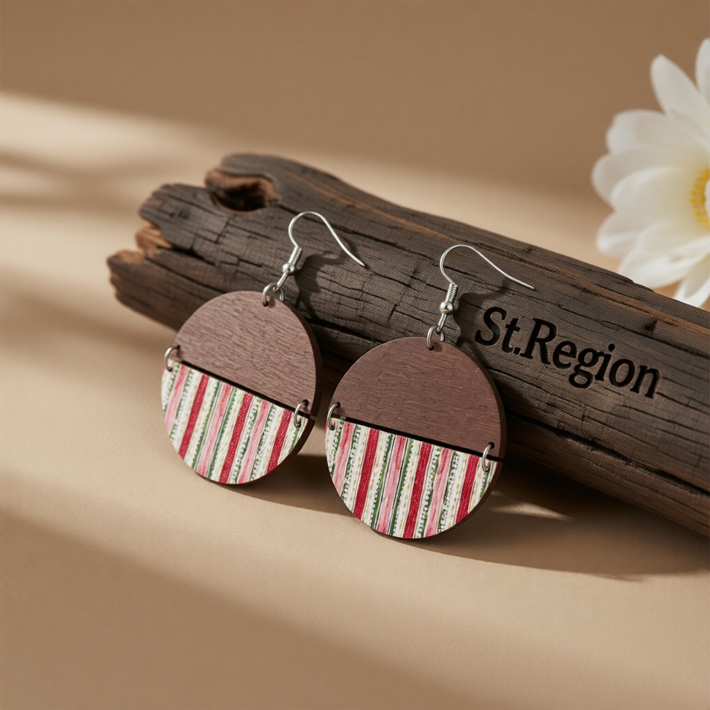 Brown and Red Stripe Round Wood Drop Earrings, drop earrings for women, vintage-inspired design, front view