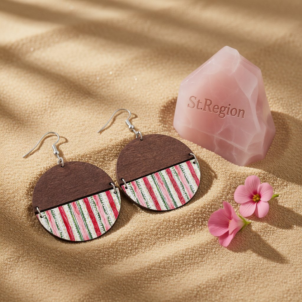 Brown and Red Stripe Round Wood Drop Earrings, drop earrings for women, vintage-inspired design, detail close-up