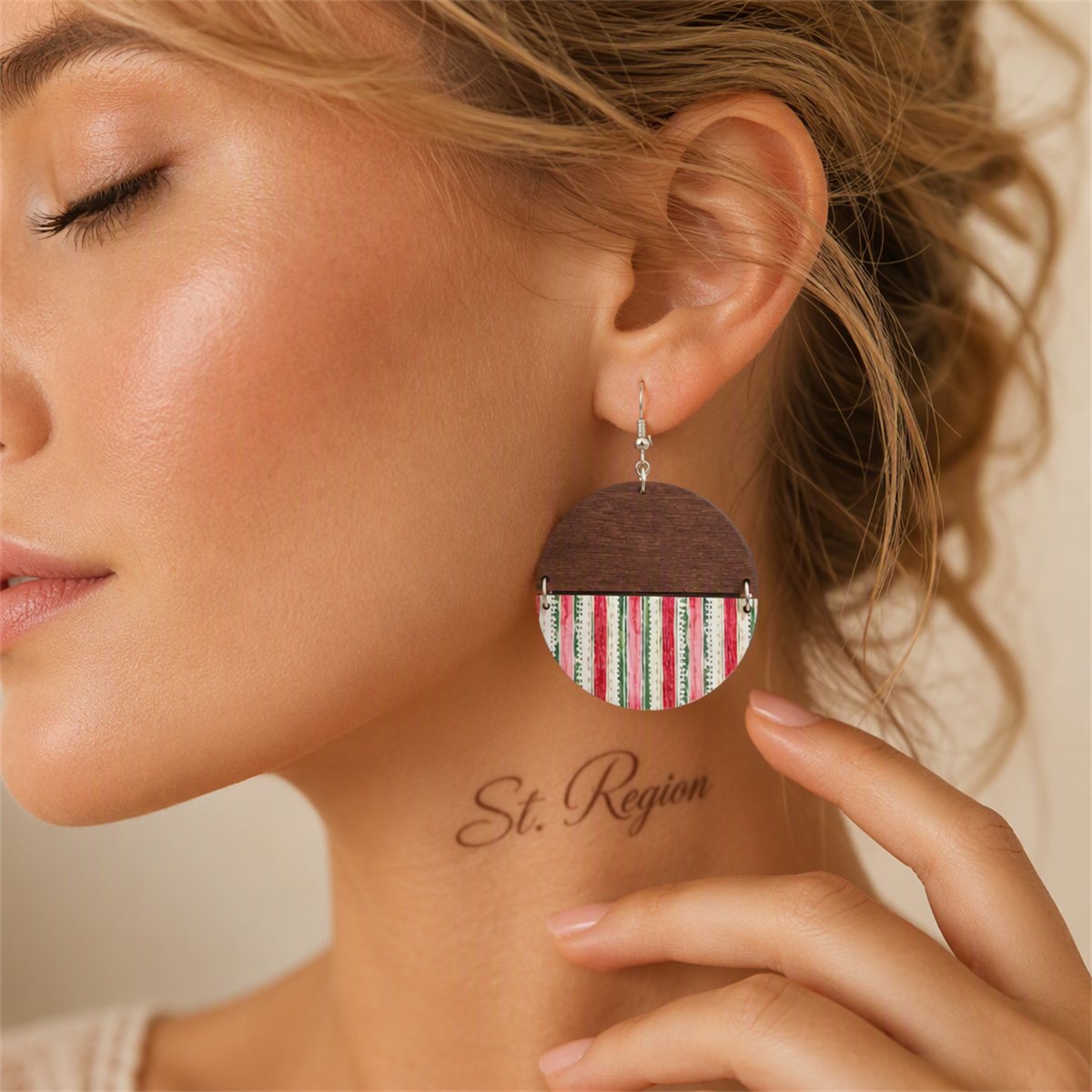 Brown and Red Stripe Round Wood Drop Earrings, drop earrings for women, vintage-inspired design, styled look