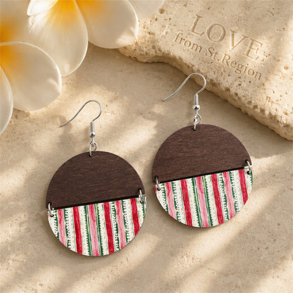 Brown and Red Stripe Round Wood Drop Earrings, drop earrings for women, vintage-inspired design, lifestyle look