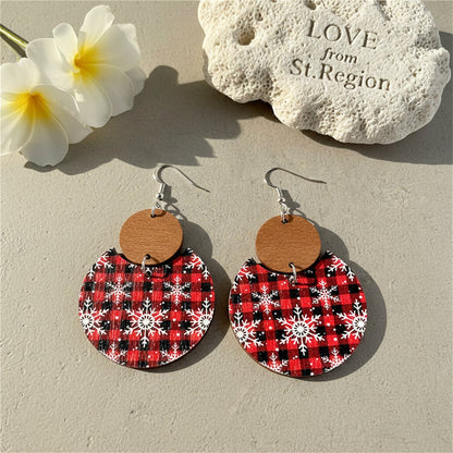 Red Buffalo Check and Snowflake Double-Circle Wood Drop Earrings, drop earrings for women, lifestyle look