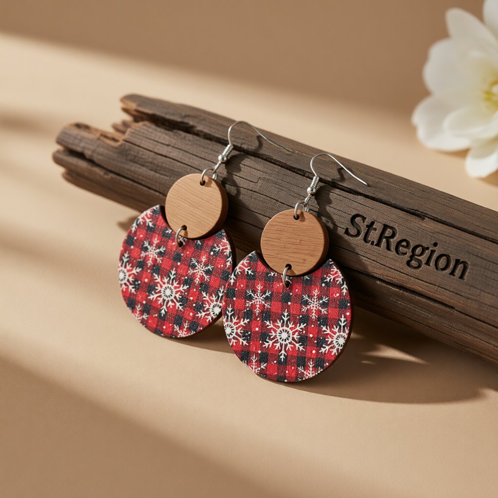Red Buffalo Check and Snowflake Double-Circle Wood Drop Earrings, drop earrings for women, front view