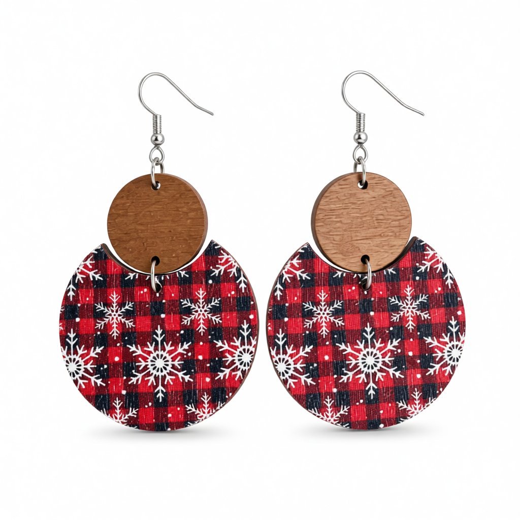 Red Buffalo Check and Snowflake Double-Circle Wood Drop Earrings, drop earrings for women, side view